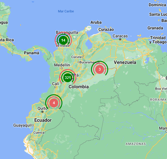 Mapa de Colombia con sistema de rastreo GPS mostrando la ubicación de diversos vehículos